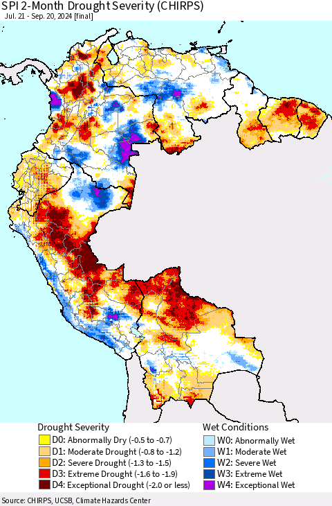 Northern South America SPI 2-Month Drought Severity (CHIRPS) Thematic Map For 7/21/2024 - 9/20/2024