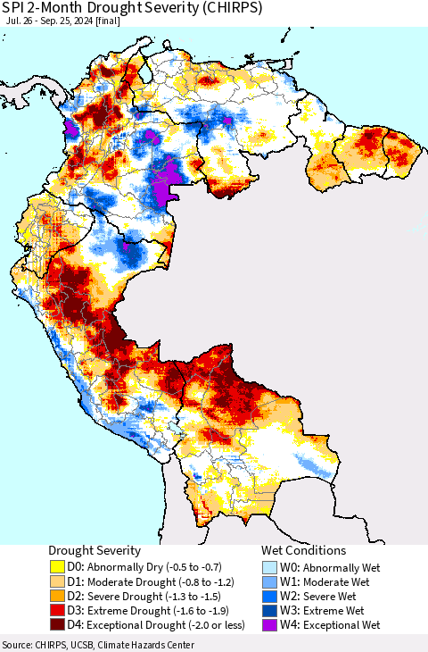 Northern South America SPI 2-Month Drought Severity (CHIRPS) Thematic Map For 7/26/2024 - 9/25/2024