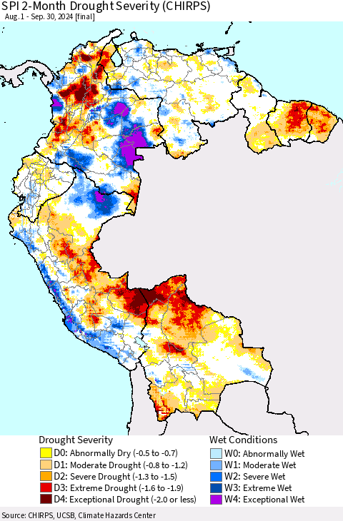 Northern South America SPI 2-Month Drought Severity (CHIRPS) Thematic Map For 8/1/2024 - 9/30/2024