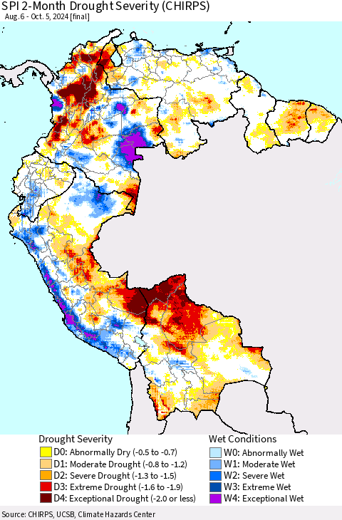 Northern South America SPI 2-Month Drought Severity (CHIRPS) Thematic Map For 8/6/2024 - 10/5/2024