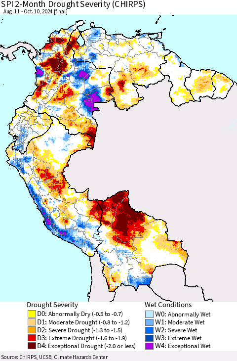 Northern South America SPI 2-Month Drought Severity (CHIRPS) Thematic Map For 8/11/2024 - 10/10/2024