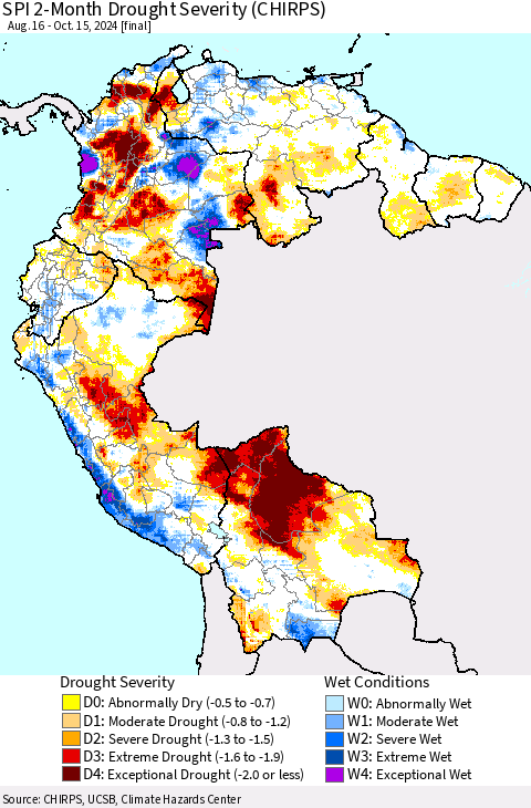 Northern South America SPI 2-Month Drought Severity (CHIRPS) Thematic Map For 8/16/2024 - 10/15/2024