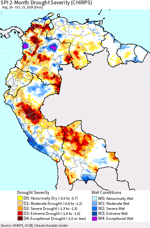 Northern South America SPI 2-Month Drought Severity (CHIRPS) Thematic Map For 8/26/2024 - 10/25/2024