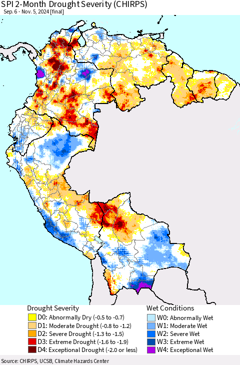 Northern South America SPI 2-Month Drought Severity (CHIRPS) Thematic Map For 9/6/2024 - 11/5/2024