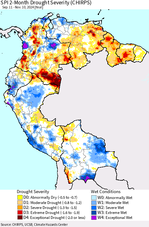 Northern South America SPI 2-Month Drought Severity (CHIRPS) Thematic Map For 9/11/2024 - 11/10/2024