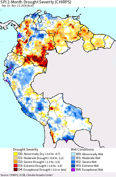 Northern South America SPI 2-Month Drought Severity (CHIRPS) Thematic Map For 9/16/2024 - 11/15/2024