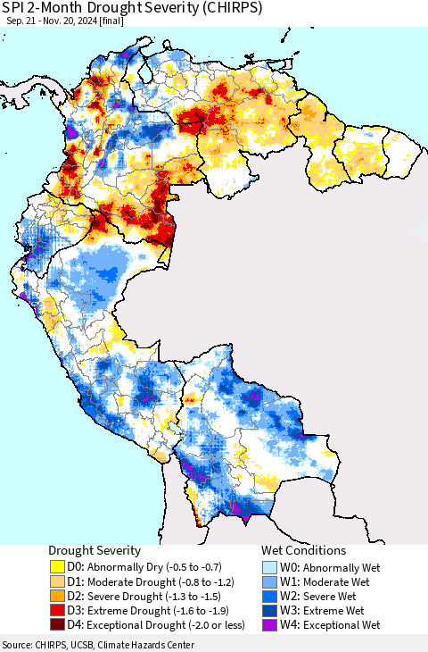 Northern South America SPI 2-Month Drought Severity (CHIRPS) Thematic Map For 9/21/2024 - 11/20/2024