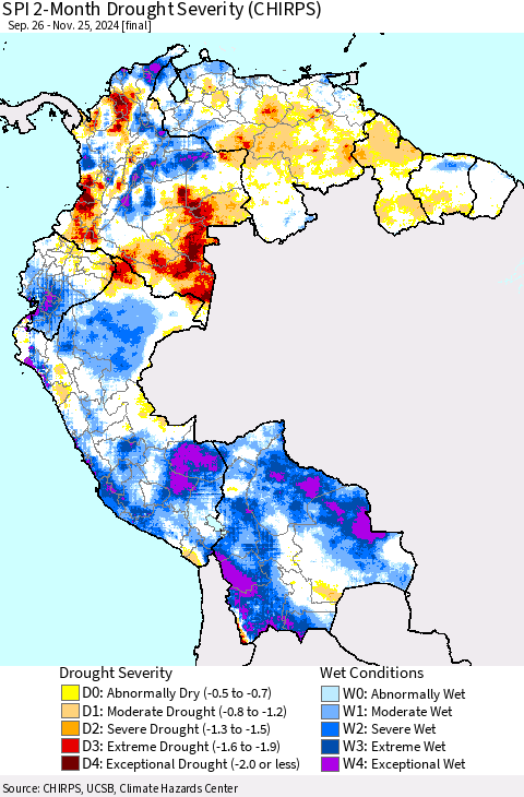 Northern South America SPI 2-Month Drought Severity (CHIRPS) Thematic Map For 9/26/2024 - 11/25/2024
