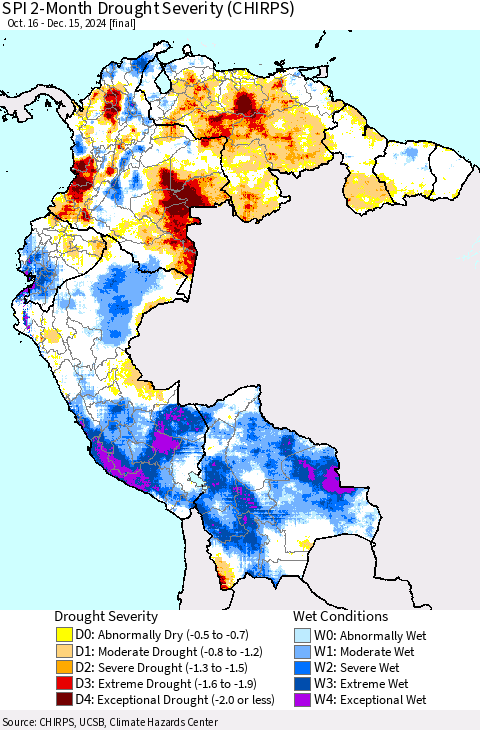Northern South America SPI 2-Month Drought Severity (CHIRPS) Thematic Map For 10/16/2024 - 12/15/2024