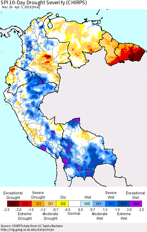Northern South America SPI 10-Day Drought Severity (CHIRPS) Thematic Map For 3/26/2019 - 4/5/2019
