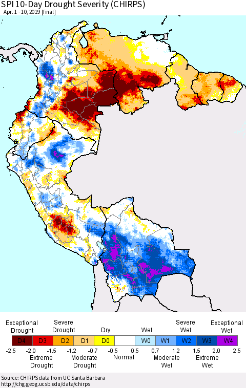 Northern South America SPI 10-Day Drought Severity (CHIRPS) Thematic Map For 4/1/2019 - 4/10/2019