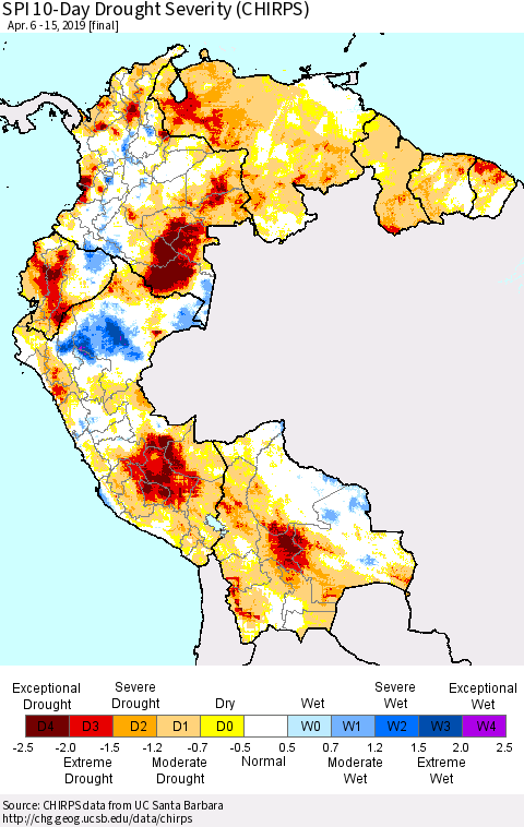 Northern South America SPI 10-Day Drought Severity (CHIRPS) Thematic Map For 4/6/2019 - 4/15/2019