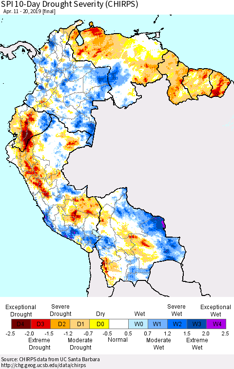 Northern South America SPI 10-Day Drought Severity (CHIRPS) Thematic Map For 4/11/2019 - 4/20/2019