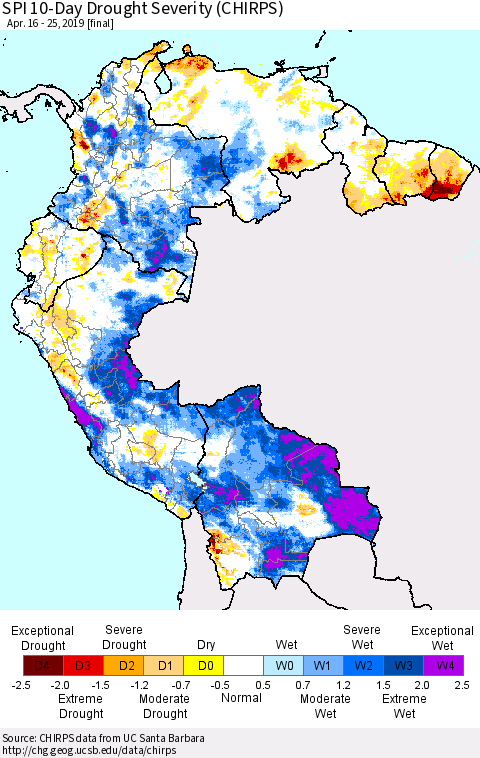 Northern South America SPI 10-Day Drought Severity (CHIRPS) Thematic Map For 4/16/2019 - 4/25/2019