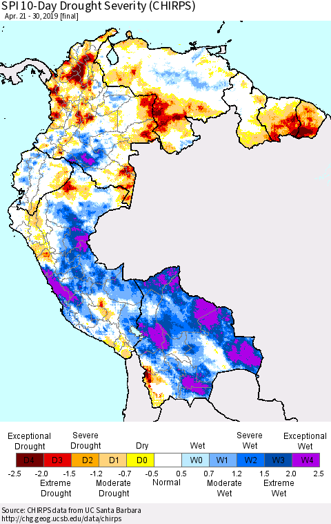 Northern South America SPI 10-Day Drought Severity (CHIRPS) Thematic Map For 4/21/2019 - 4/30/2019
