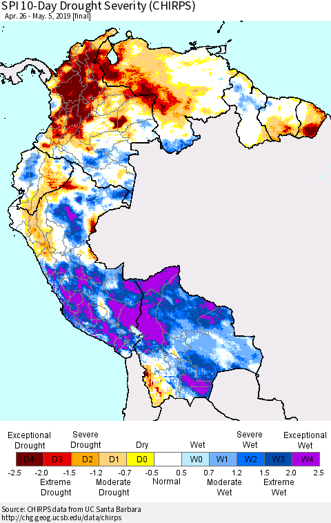 Northern South America SPI 10-Day Drought Severity (CHIRPS) Thematic Map For 4/26/2019 - 5/5/2019