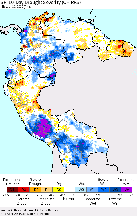 Northern South America SPI 10-Day Drought Severity (CHIRPS) Thematic Map For 11/1/2019 - 11/10/2019