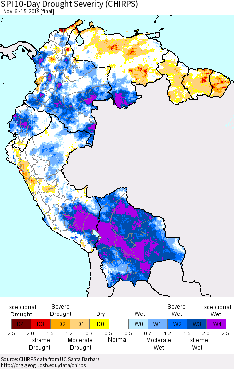 Northern South America SPI 10-Day Drought Severity (CHIRPS) Thematic Map For 11/6/2019 - 11/15/2019