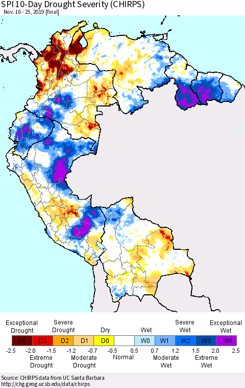 Northern South America SPI 10-Day Drought Severity (CHIRPS) Thematic Map For 11/16/2019 - 11/25/2019