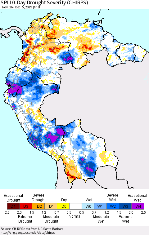 Northern South America SPI 10-Day Drought Severity (CHIRPS) Thematic Map For 11/26/2019 - 12/5/2019