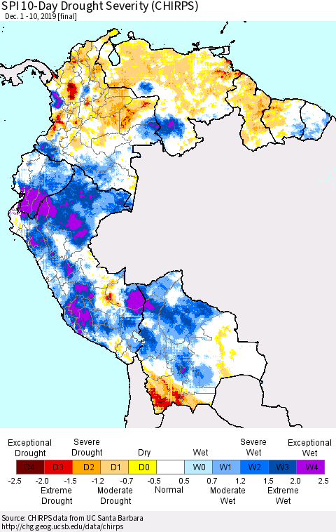 Northern South America SPI 10-Day Drought Severity (CHIRPS) Thematic Map For 12/1/2019 - 12/10/2019
