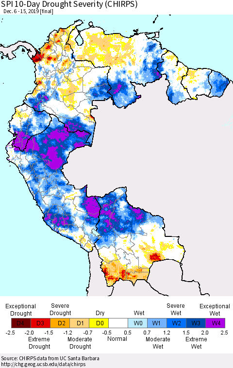 Northern South America SPI 10-Day Drought Severity (CHIRPS) Thematic Map For 12/6/2019 - 12/15/2019