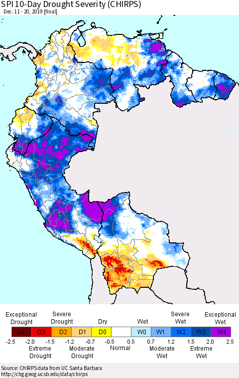 Northern South America SPI 10-Day Drought Severity (CHIRPS) Thematic Map For 12/11/2019 - 12/20/2019