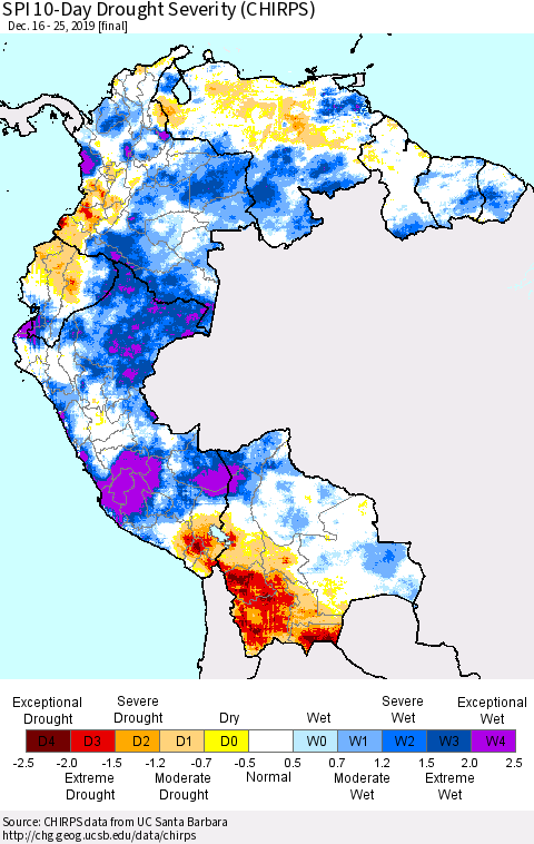 Northern South America SPI 10-Day Drought Severity (CHIRPS) Thematic Map For 12/16/2019 - 12/25/2019