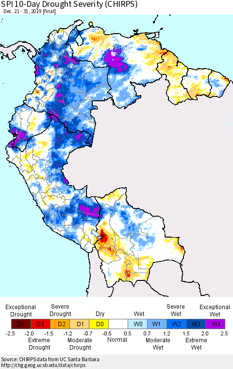 Northern South America SPI 10-Day Drought Severity (CHIRPS) Thematic Map For 12/21/2019 - 12/31/2019