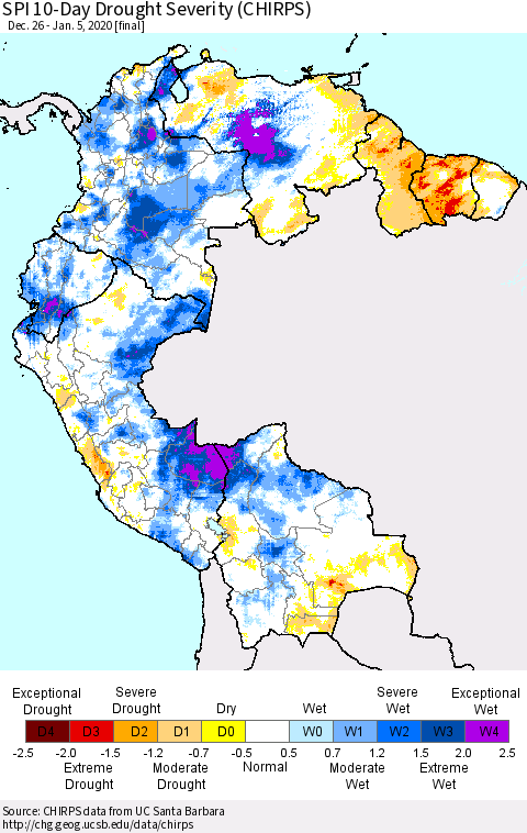 Northern South America SPI 10-Day Drought Severity (CHIRPS) Thematic Map For 12/26/2019 - 1/5/2020