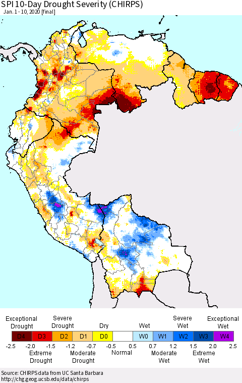 Northern South America SPI 10-Day Drought Severity (CHIRPS) Thematic Map For 1/1/2020 - 1/10/2020