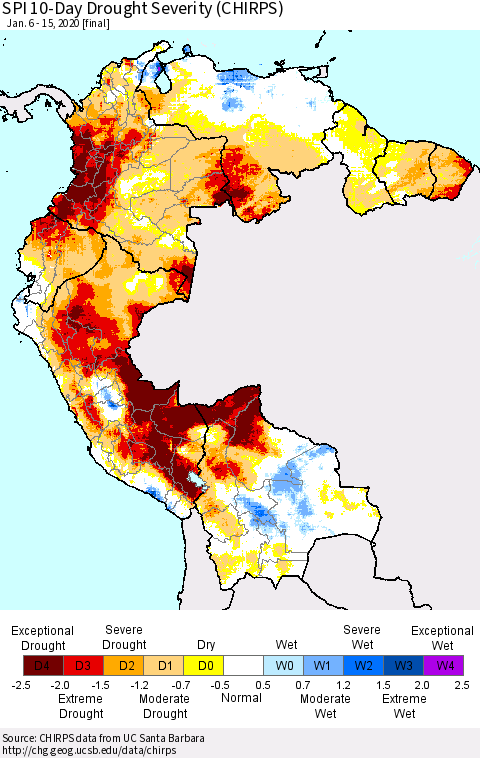 Northern South America SPI 10-Day Drought Severity (CHIRPS) Thematic Map For 1/6/2020 - 1/15/2020
