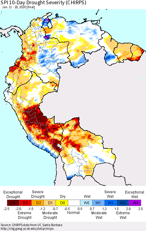 Northern South America SPI 10-Day Drought Severity (CHIRPS) Thematic Map For 1/11/2020 - 1/20/2020