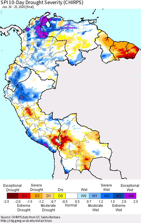 Northern South America SPI 10-Day Drought Severity (CHIRPS) Thematic Map For 1/16/2020 - 1/25/2020