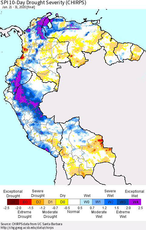 Northern South America SPI 10-Day Drought Severity (CHIRPS) Thematic Map For 1/21/2020 - 1/31/2020