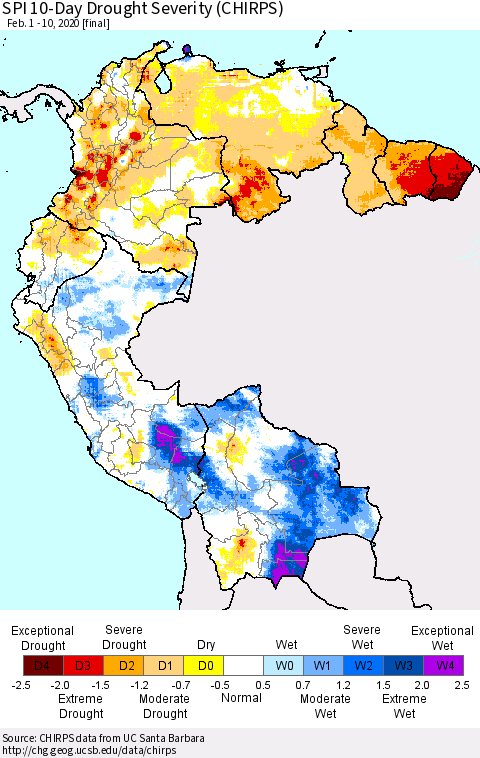 Northern South America SPI 10-Day Drought Severity (CHIRPS) Thematic Map For 2/1/2020 - 2/10/2020