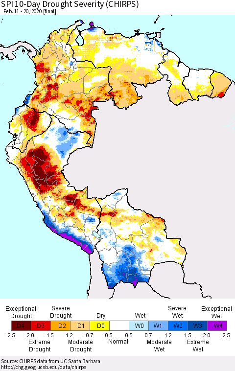 Northern South America SPI 10-Day Drought Severity (CHIRPS) Thematic Map For 2/11/2020 - 2/20/2020