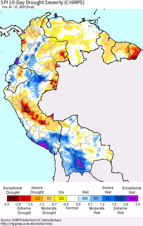 Northern South America SPI 10-Day Drought Severity (CHIRPS) Thematic Map For 2/16/2020 - 2/25/2020