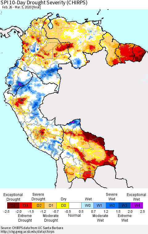 Northern South America SPI 10-Day Drought Severity (CHIRPS) Thematic Map For 2/26/2020 - 3/5/2020
