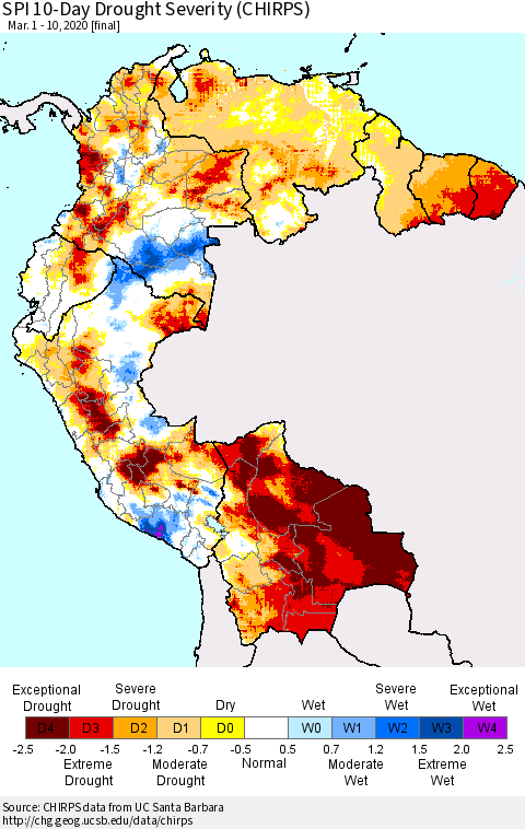 Northern South America SPI 10-Day Drought Severity (CHIRPS) Thematic Map For 3/1/2020 - 3/10/2020
