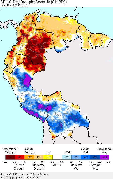Northern South America SPI 10-Day Drought Severity (CHIRPS) Thematic Map For 3/16/2020 - 3/25/2020