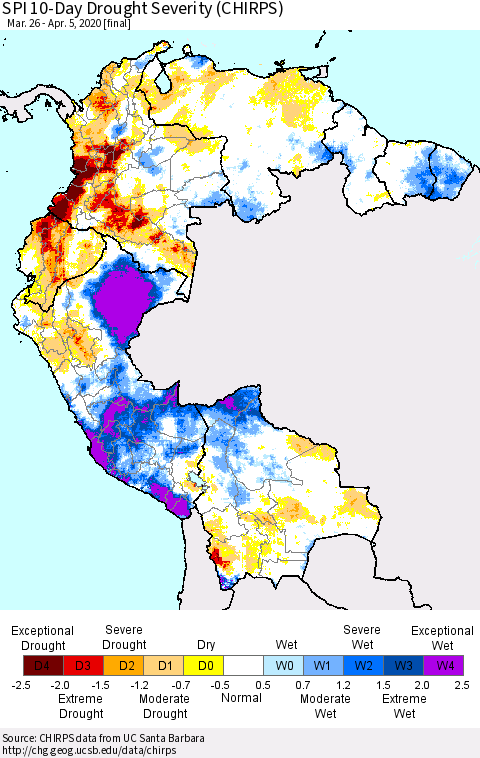 Northern South America SPI 10-Day Drought Severity (CHIRPS) Thematic Map For 3/26/2020 - 4/5/2020