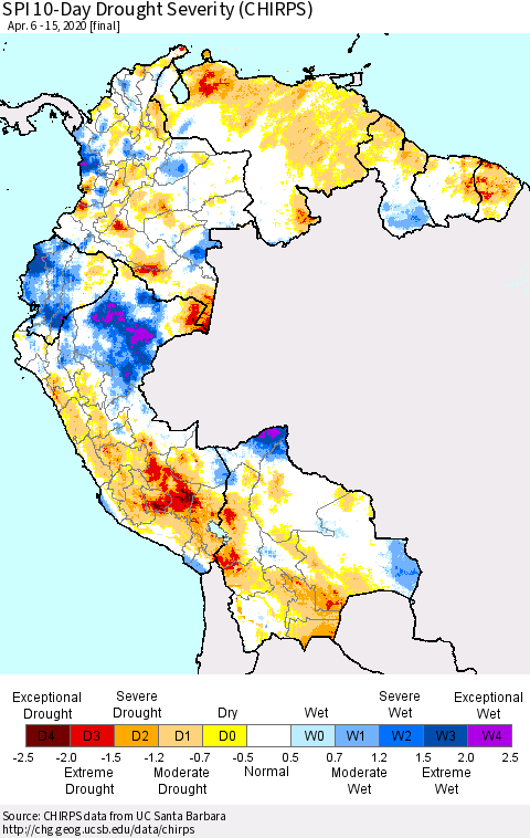 Northern South America SPI 10-Day Drought Severity (CHIRPS) Thematic Map For 4/6/2020 - 4/15/2020