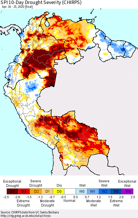 Northern South America SPI 10-Day Drought Severity (CHIRPS) Thematic Map For 4/16/2020 - 4/25/2020