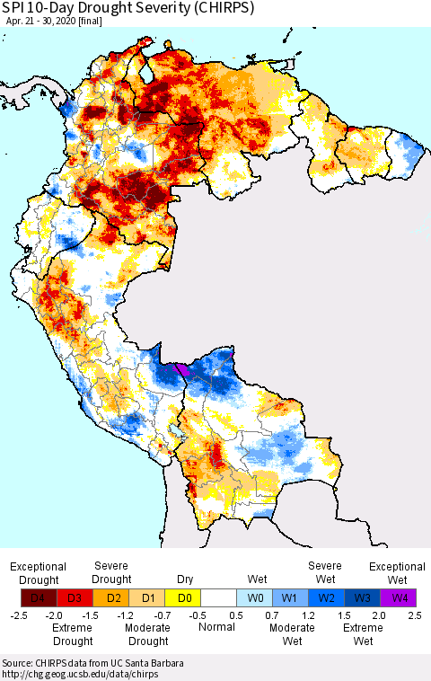 Northern South America SPI 10-Day Drought Severity (CHIRPS) Thematic Map For 4/21/2020 - 4/30/2020