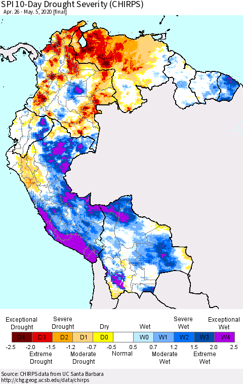 Northern South America SPI 10-Day Drought Severity (CHIRPS) Thematic Map For 4/26/2020 - 5/5/2020