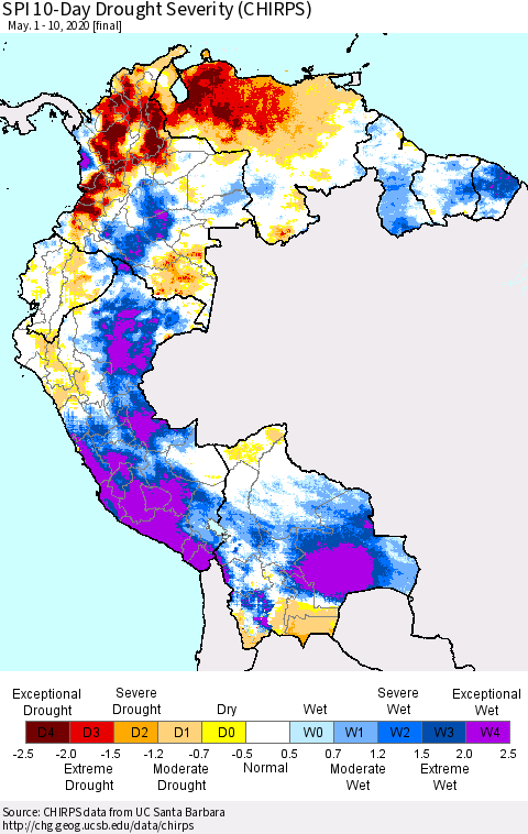 Northern South America SPI 10-Day Drought Severity (CHIRPS) Thematic Map For 5/1/2020 - 5/10/2020