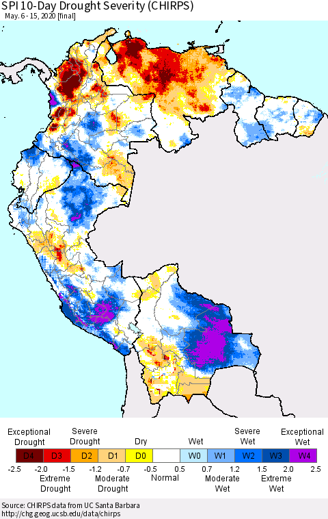 Northern South America SPI 10-Day Drought Severity (CHIRPS) Thematic Map For 5/6/2020 - 5/15/2020