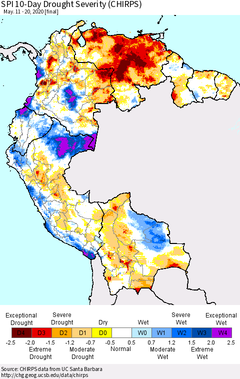 Northern South America SPI 10-Day Drought Severity (CHIRPS) Thematic Map For 5/11/2020 - 5/20/2020