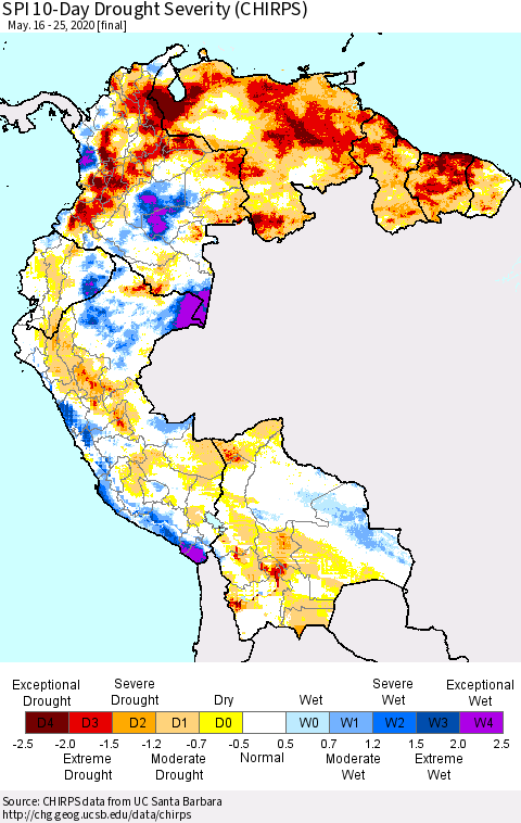 Northern South America SPI 10-Day Drought Severity (CHIRPS) Thematic Map For 5/16/2020 - 5/25/2020